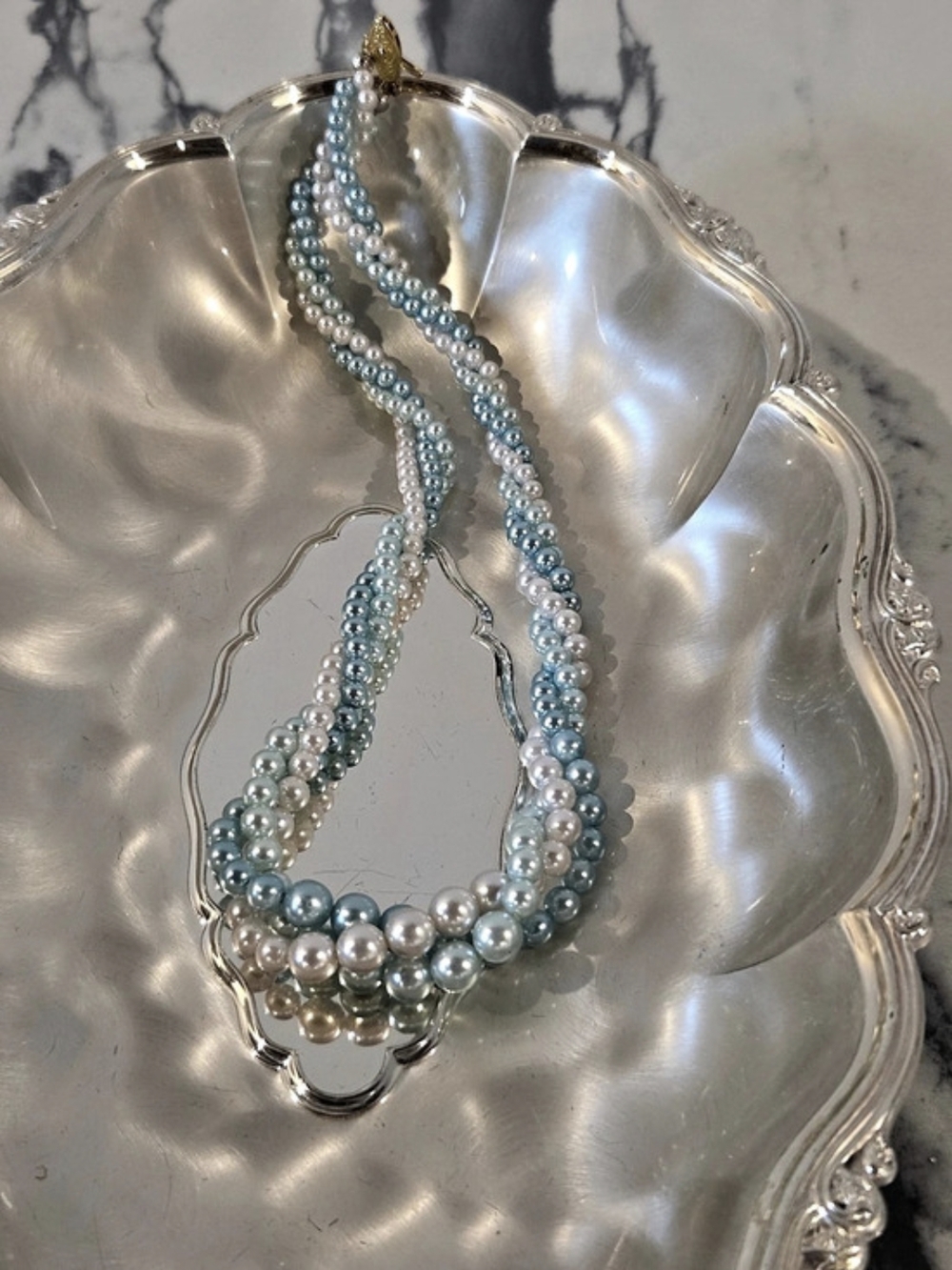 Vintage Twisted 3-Strand Faux Pearl Necklace Light Blue & Cream 16"